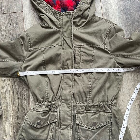 Hollister Olive Green Anorak Jacket Flannel-Lined Coat Small Red Plaid Lining - Picture 7 of 10